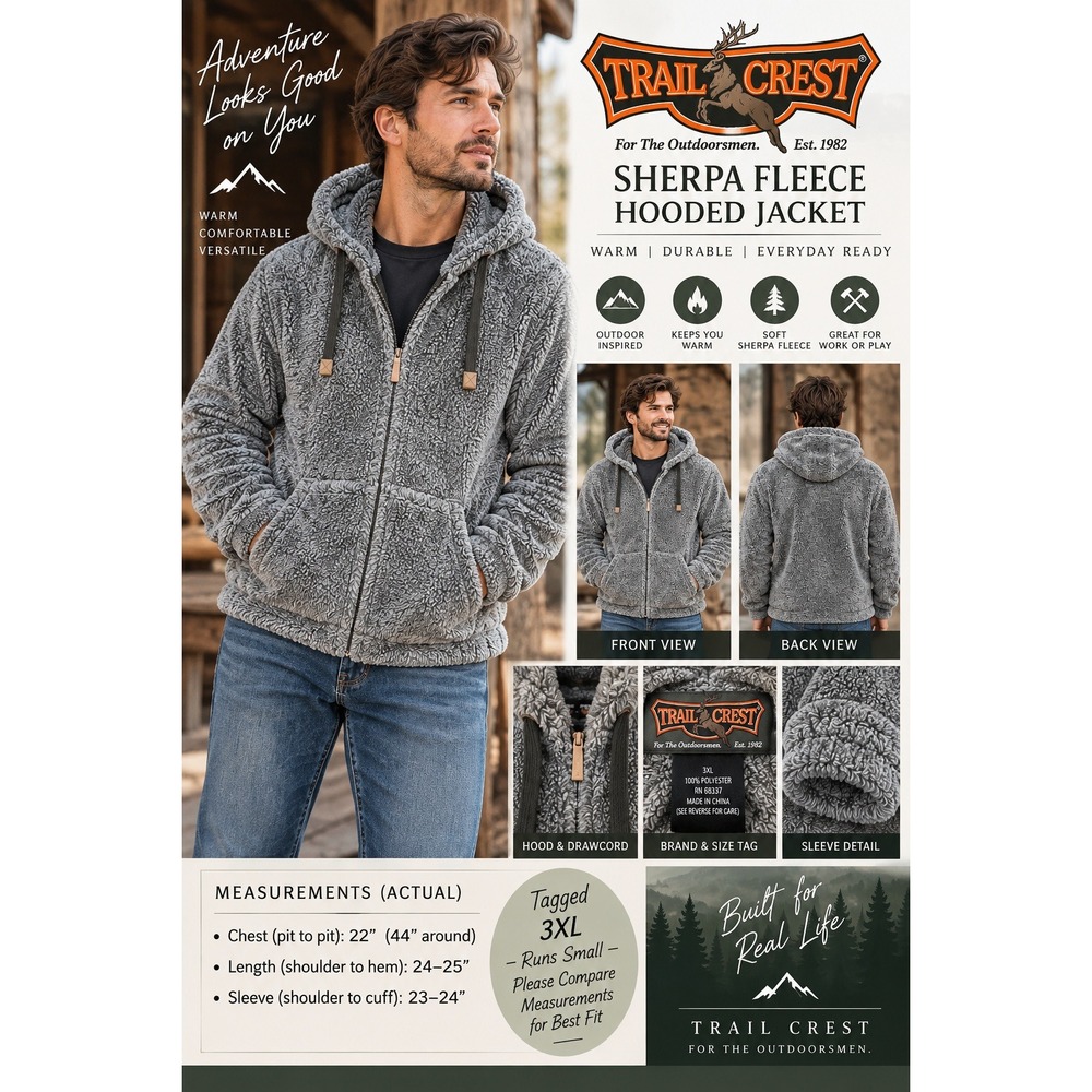 Trail Crest Mens Sherpa Fleece Hooded Jacket Gray Full Zip 3XL RN 68337